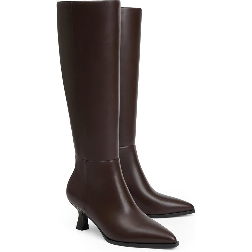 Women's Chocolate Pu Kitten Low Heel Toe Side Zipper Long Tall Knee High Boots - Picture 6 of 7